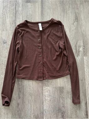 Waffle-Knit Long Sleeve Button-Front Top in Dark Brown